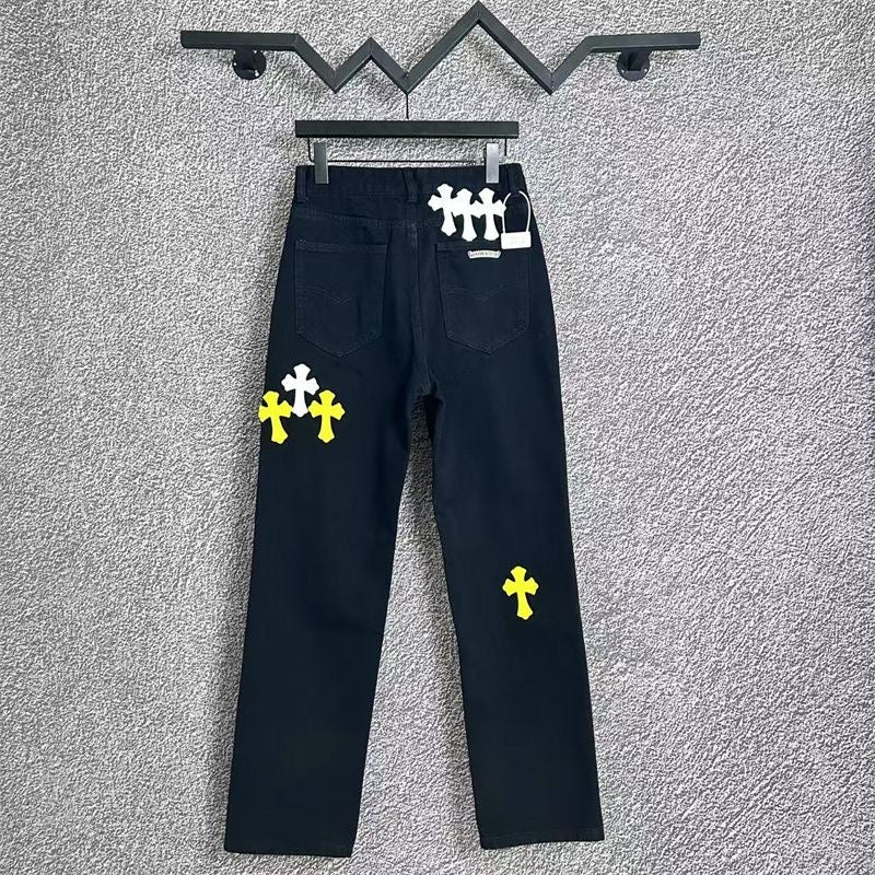 CHROME HEARTS WHITE YELLOW CROSS PATCH JEANS BLACK - netstar®