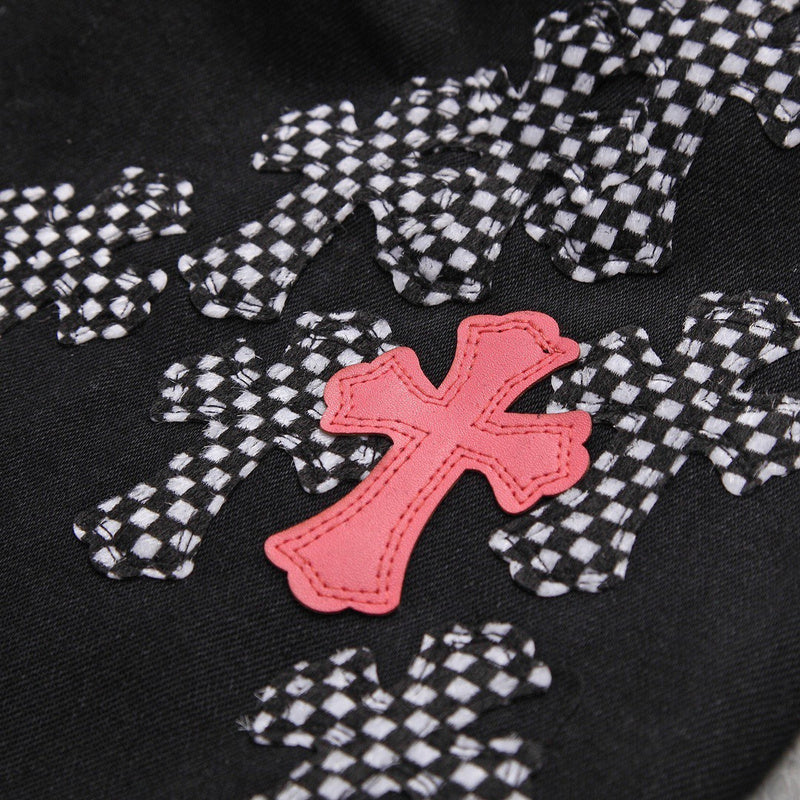 CHROME HEARTS PINK & CHECKERED CROSS PATCH FLEURKNEE JEANS BLACK - netstar®