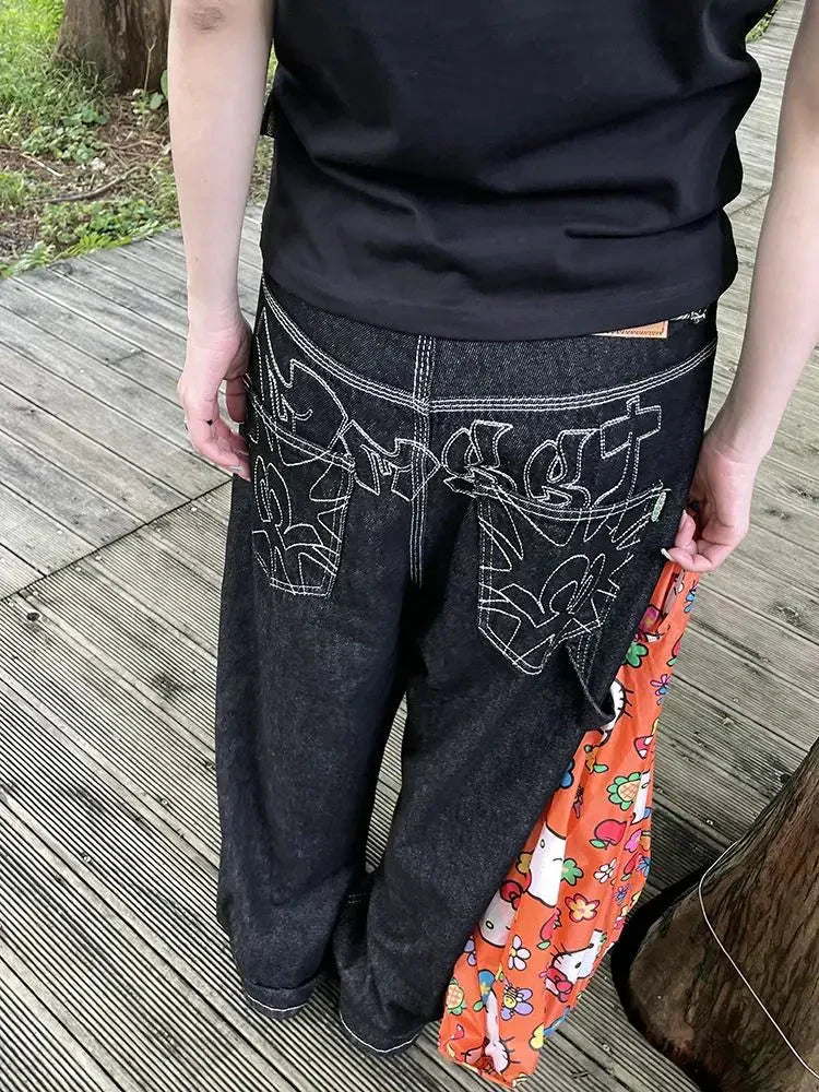 Baggy Black Embroidered Jeans - netstar®
