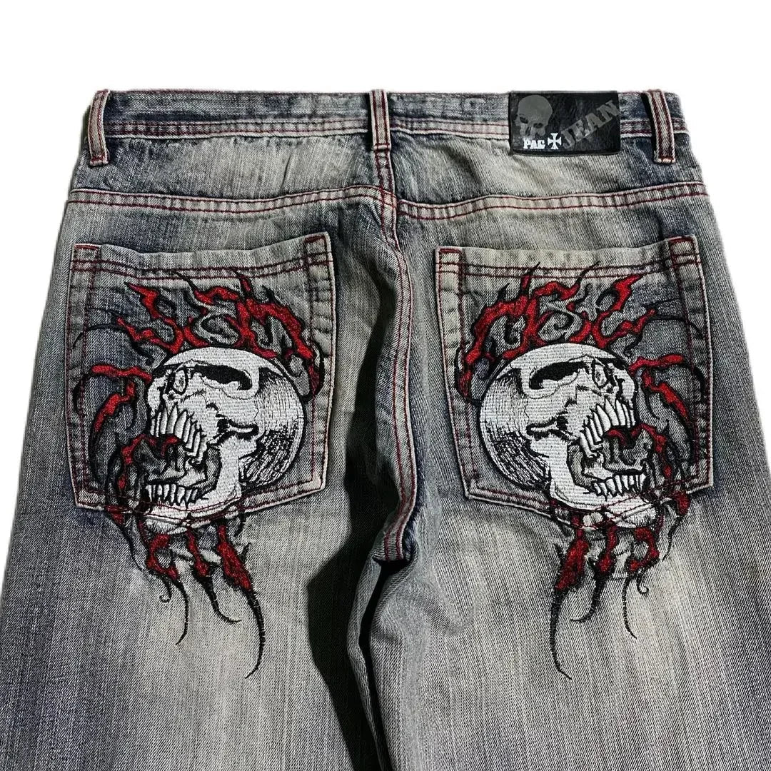 Grunge Skull Embroidery Mid Rise Jeans - netstar®